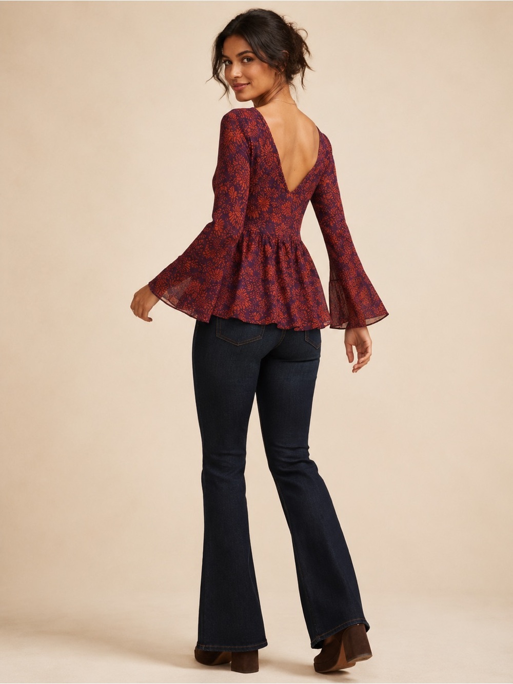 O’NEILL Lianne Boho Floral Deep Scoop Back | Bell Sleeve Peplum Top| Medium